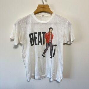 Vintage Michael Jackson Beat It Concert Shirt Mens M White Graphic 1980s Music